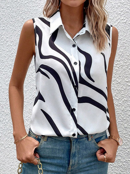 Loose Sleeveless Buttoned Printed Lapel Blouses&shirts Tops