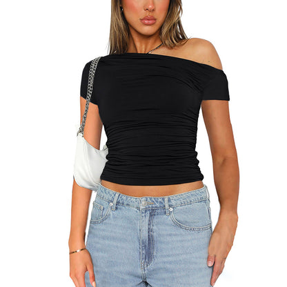 High Elasticity Fabric Color Slash Shoulder Short Sleeve Pleated Navel Reveal Top Tops for