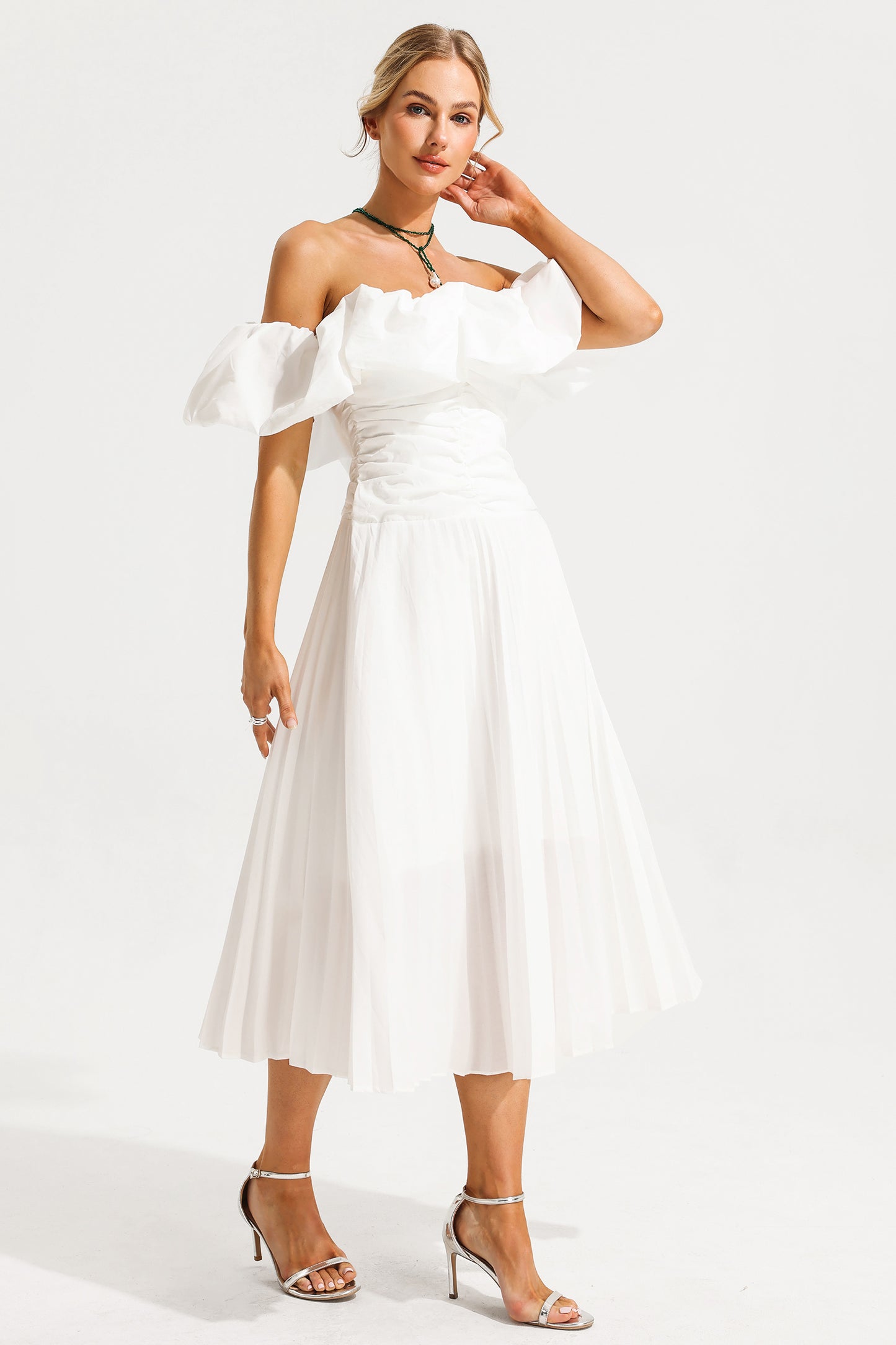 Off-shoulder Puff Sleeve Pleated Midi Dress White