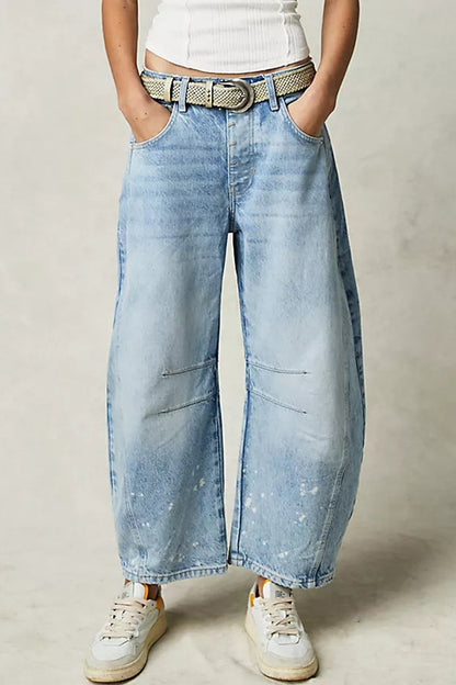 Pocket Without Belt Mid Waist Loose Denim Jeans(no Belt)
