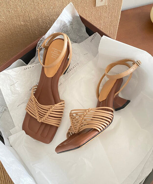 Fine Splicing Buckle Strap Chunky Sandals Brown Faux Leather Oi032