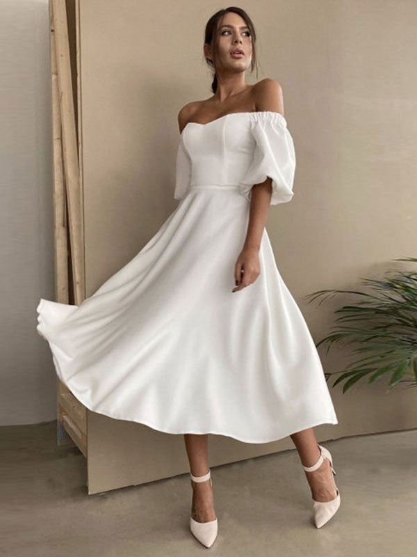 Midi Dress Bateau Neck Half Sleeves Semi Formal Party Dress