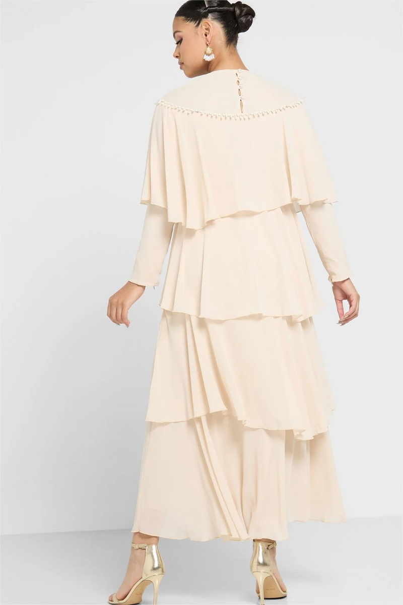 Long Sleeve Crew Collar Layered Maxi Dress White