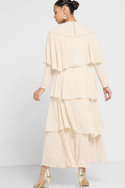 Long Sleeve Crew Collar Layered Maxi Dress White