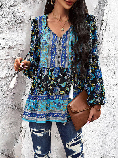 Long Sleeves Loose Buttoned Elasticity Flower Print Split-joint Tasseled V-neck Blouses&shirts Tops