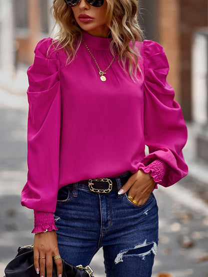 Long Sleeves Puff Sleeves Pleated Color Half Turtleneck Blouses&shirts Tops