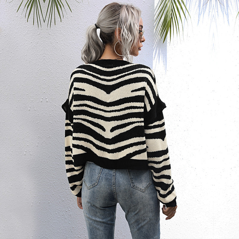 Autumn Idle Zebra Pattern Cardigan Knitted Sweater Short Coat