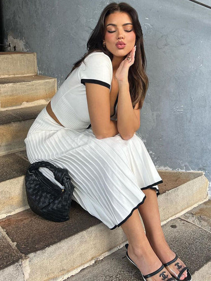 Taruxy Ruffle Knitted Skirt Sets Summer Deep V Neck Crop Tops Female Holiday Dress Sets 2 Piece Outfits New