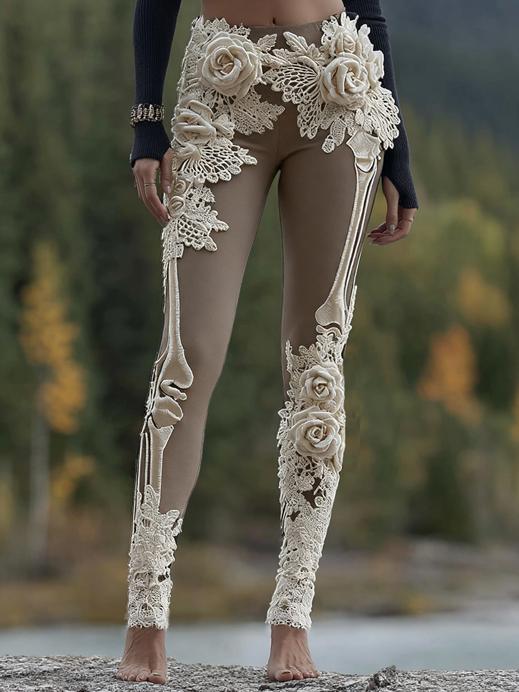Vintage Halloween Skeleton Bones With Rose Art Cozy Knit Leggings artswardrobe