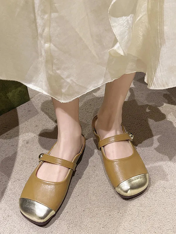 Contrast Color Shallow Cut Split-joint Square-toe Flats Mary Janes Slippers&mules