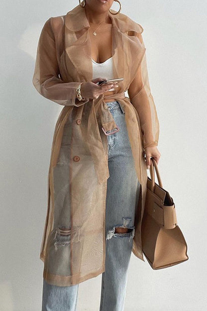 Color Patchwork Button Belt Pocket Long Sleeve Coat