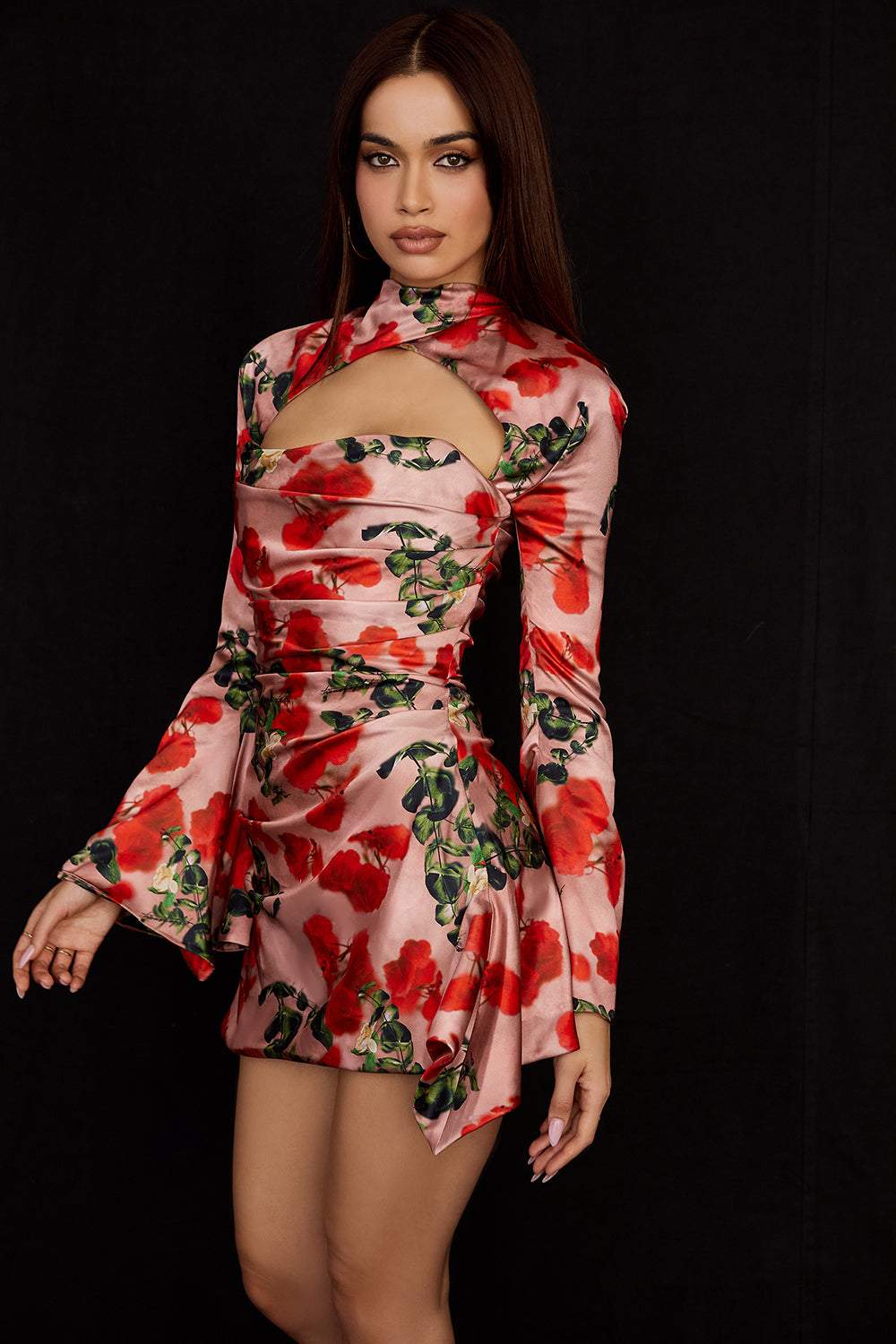 Flared Sleeve Cut Out Mini Dress