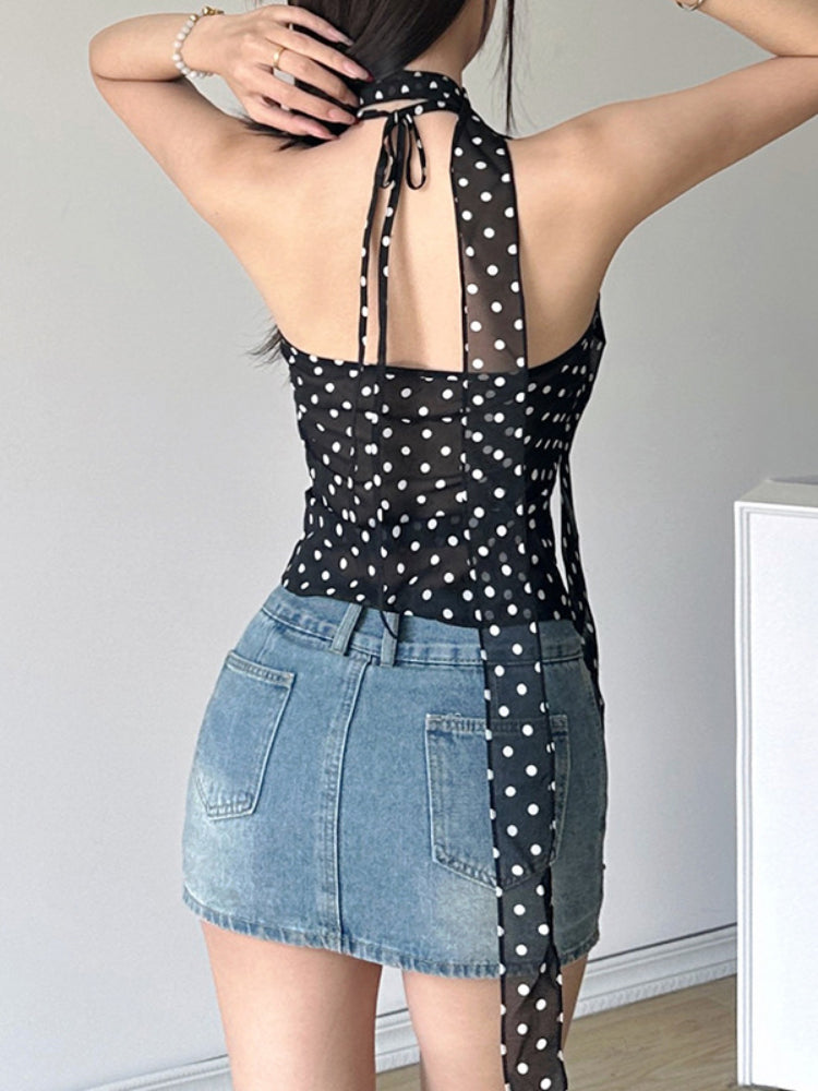 Taruxy Lace Up Drape See Through Crop Tops Print Slim Bandage Tank Top Hot Beach Backless Shirts