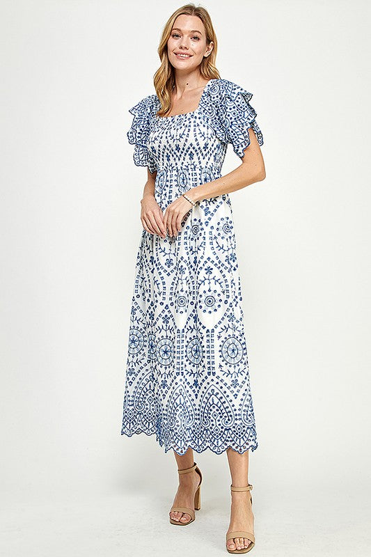 Paisley Print Lace Smocking Midi Dress
