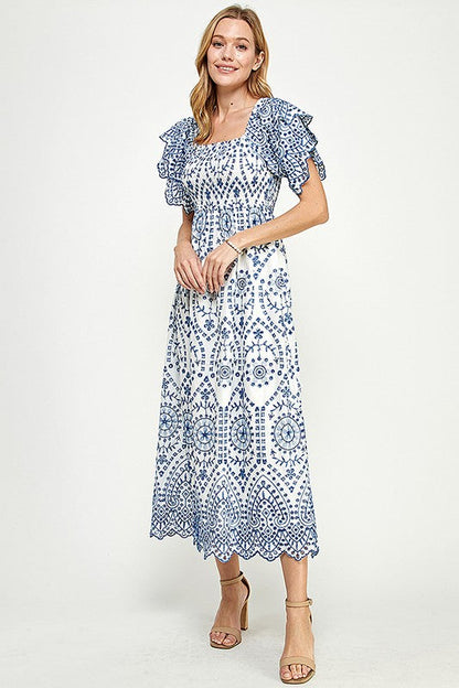Paisley Print Lace Smocking Midi Dress