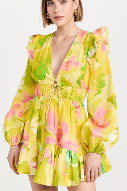 V-neck Frill Lantern Sleeve Mini Dress