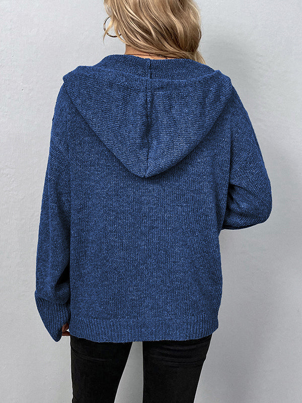Wrap Buttoned Hooded Color Cardigan