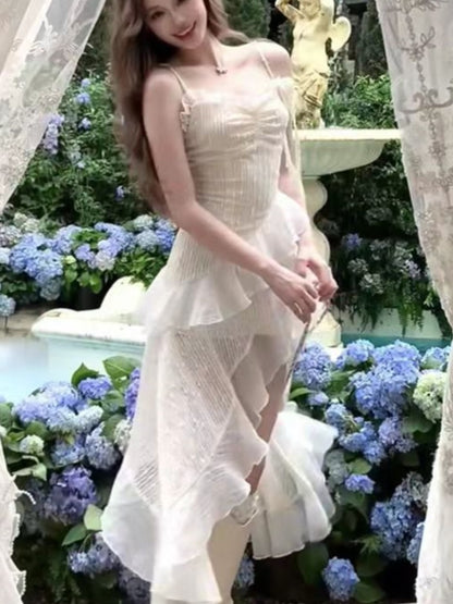 Y2k Ruffles Spaghetti Strap Irregular Midi Dress Summer New Slim Fairycore Birthday Party Dress Prom Robe Vestidos Mujer