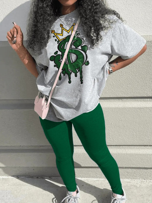 Crown Letter Print Pants Set Y2k Summer Round Neck Graphic T-shirt