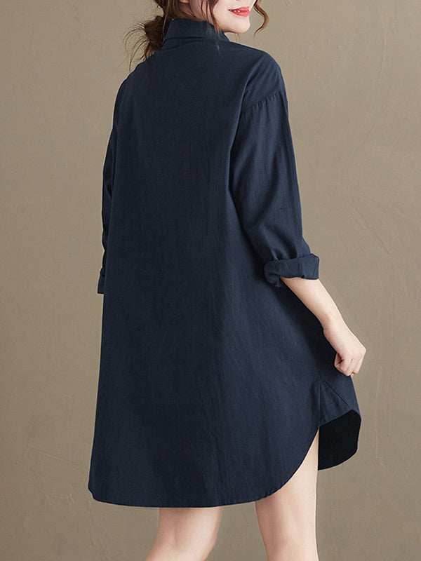 Simple Buttoned Lapel Collar Long Sleeves Blouse