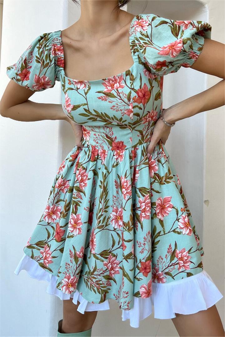 Puff Sleeve Square Collar Mini Dress