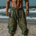Men's Bohemian Vintage Jörmungandr Runes Inspired Art Graphic  Linen Blend Wide Leg Pants artswardrobe