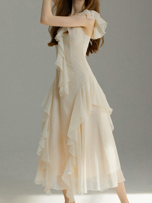 French Ruffles Midi Dress Summer New Sleeveless V-neck Holiday Beach Style A-line Party Prom Robe Vestido Mujer