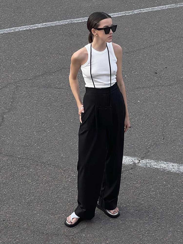 Spring Summer Black Office Trousers High Waist Pants Pockets Female Pleated Wide Leg Pants