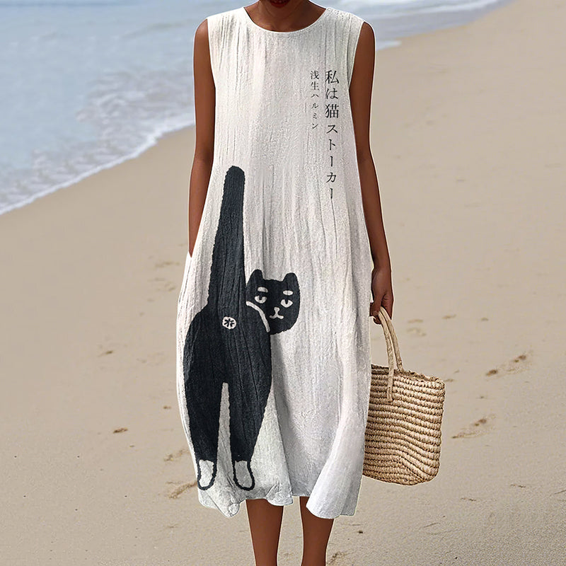 Women's Vintage Japanese Cat Art Pattern Cotton And Linen Dress artswardrobe