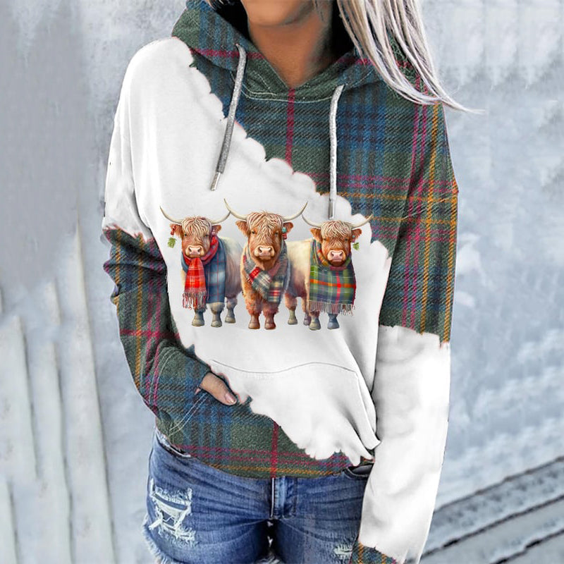Women's Western Highland Cow Plaid Print Casual Hooded artswardrobe