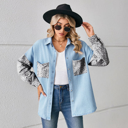 Leopard Print Denim Cardigan With Long Sleeve – Trade Loose Stitching