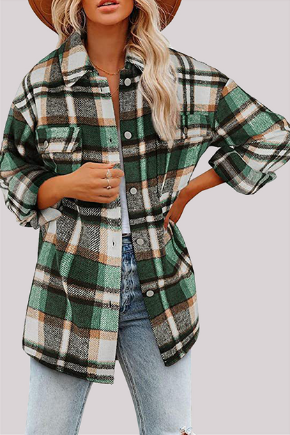 Plaid Pocket Buckle Turndown Collar Outerwear(8 Colors)
