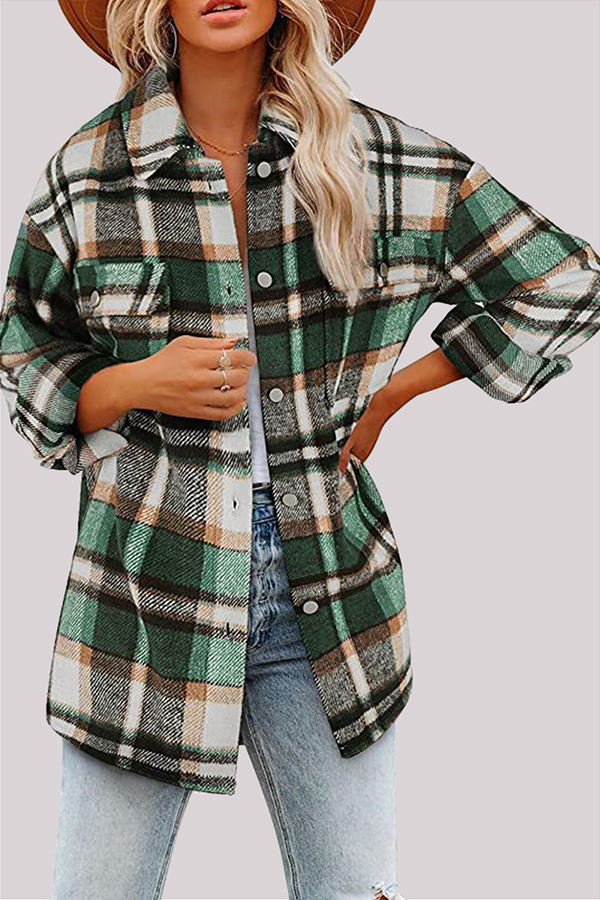 Plaid Pocket Buckle Turndown Collar Outerwear(8 Colors)