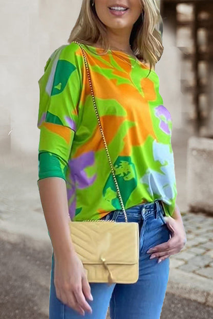 Work Print Patchwork Oblique Collar T-shirts