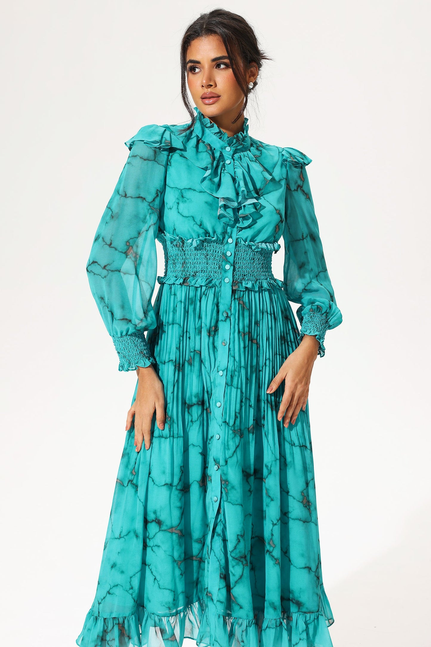 Lantern Sleeve Stand Collar Smocked Elastic Buckle Maxi Dress