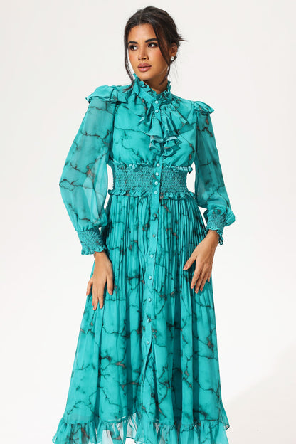 Lantern Sleeve Stand Collar Smocked Elastic Buckle Maxi Dress