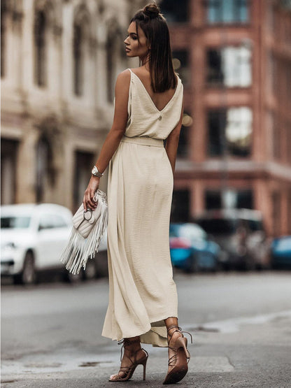 Dress Ruffles V-neck Belted Sleeveless Summer Maxi Dresses