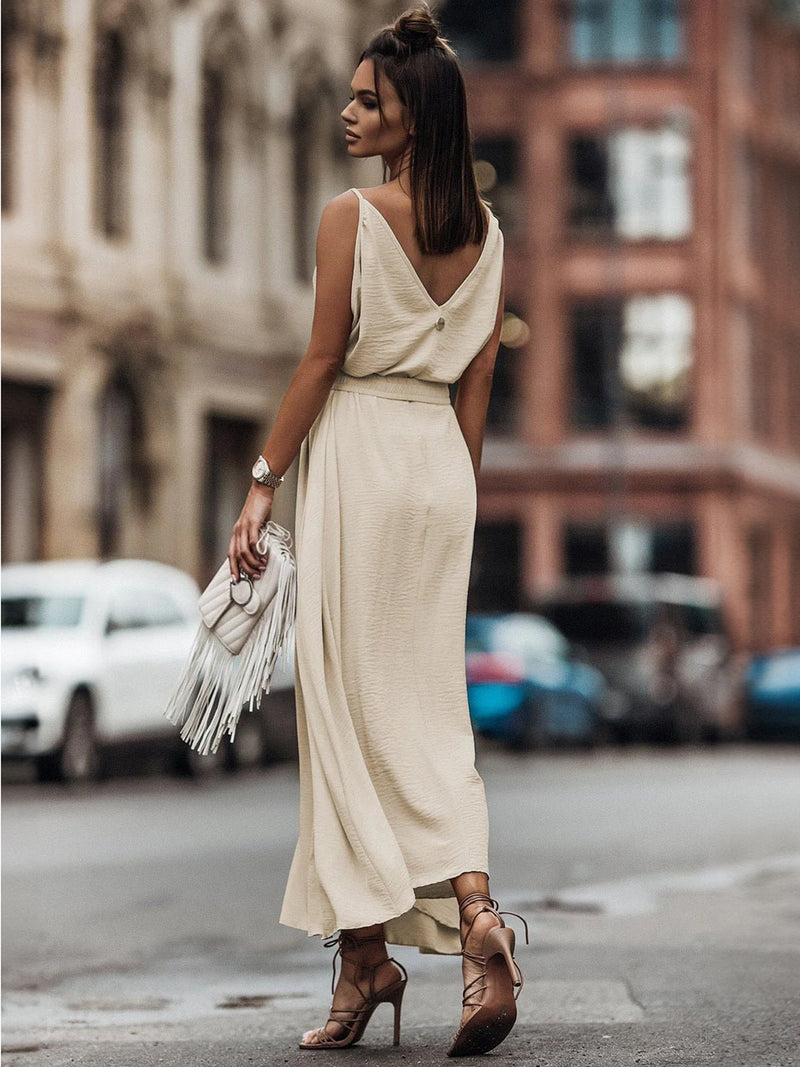 Dress Ruffles V-neck Belted Sleeveless Summer Maxi Dresses