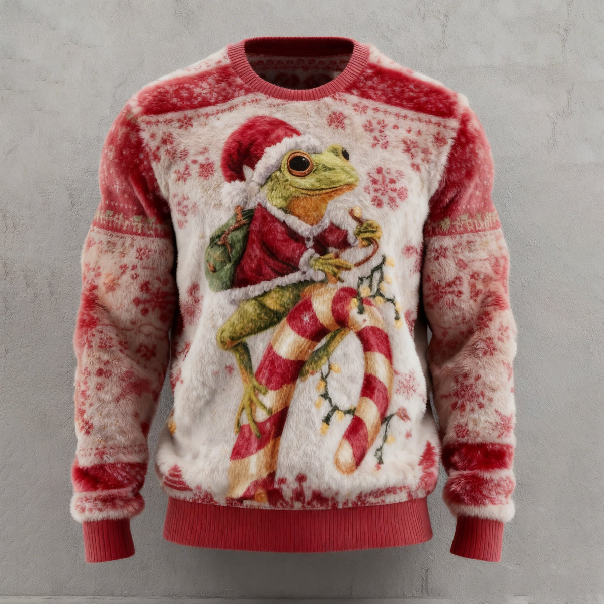 Comstylish Men's Fun Christmas Frog And Candy Cane Comfortable Crew Neck Plush Sweatshirt