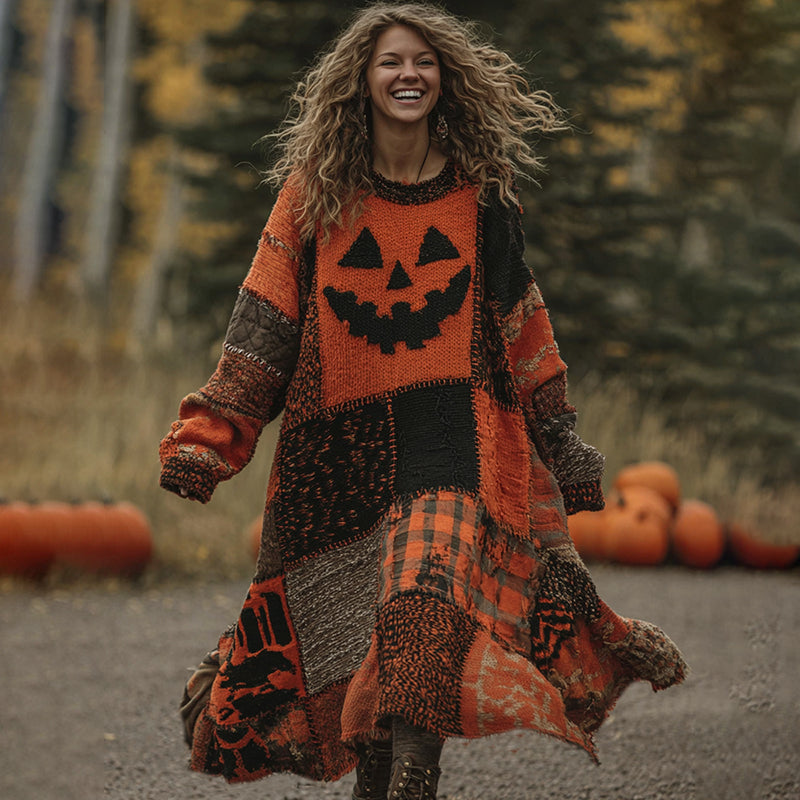 Vintage Patchwork Halloween Pumpkin Face Art Cozy Knit Maxi Dress artswardrobe