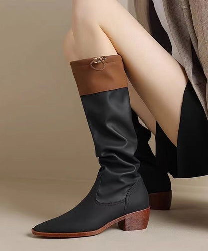 Black Faux Leather Splicing Chunky Knee Boots