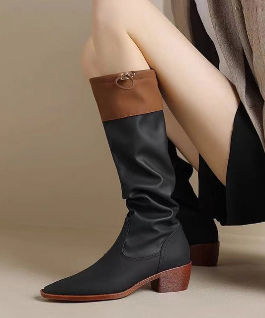 Black Faux Leather Splicing Chunky Knee Boots