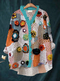 Colorful Floral Art Women's Knit Hollow Out Ruffle Shirt artswardrobe