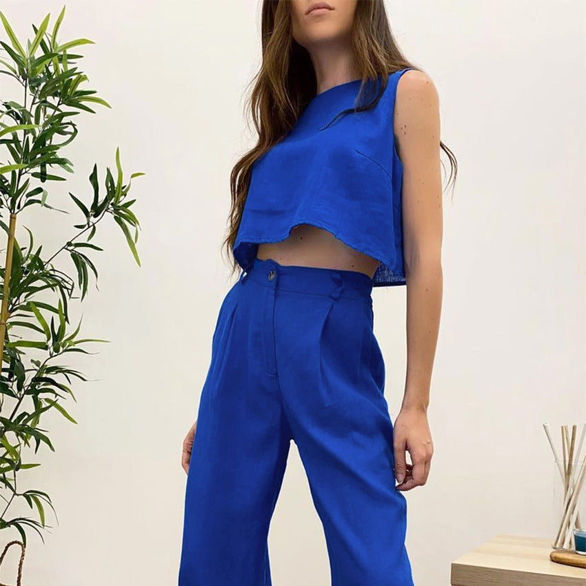 Summer New Color Round Neck Vest Top Bell-bottom Pants Wear Two-piece Set Cotton Linen Suit