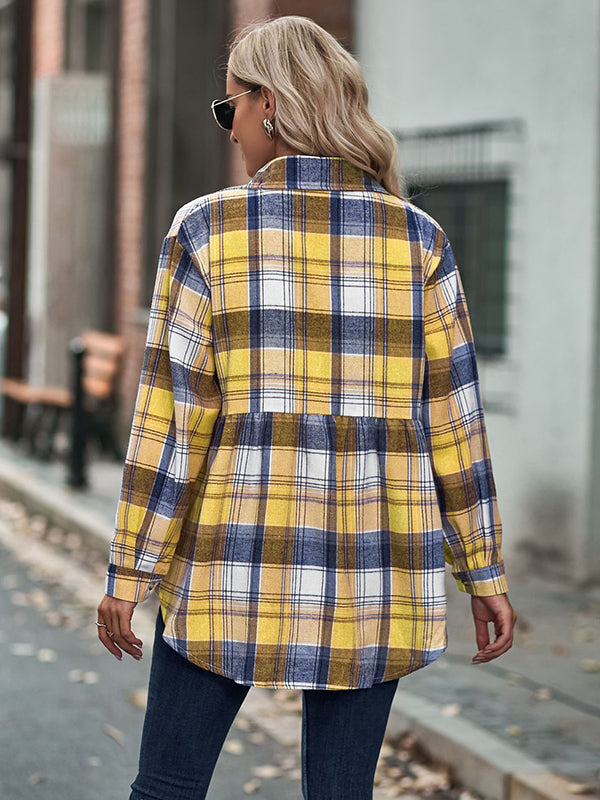 Loose Checkered Lapel Blouses&shirts Tops
