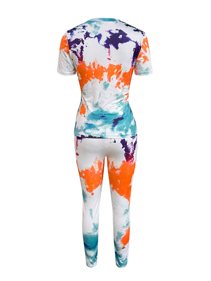 Teddy Bear Print Tie Dye Pants Set Spring Cartoon Short Sleeve Round Neck Two Piece Suit Daily Outfits Tracksuits
