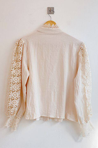 Patchwork Lace Hollowed Out Buckle Mandarin Collar Blouses(3 Colors)