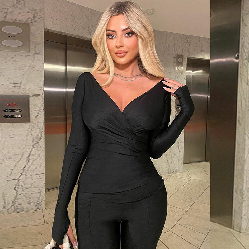 ’s Autumn V Neck Long Sleeve Top and Slimming Pants Set