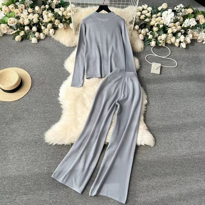 Knitted Cardigan Top Spring Autumn High End Sweater Jacket High Waist Slimming Wide Leg Pants Suit