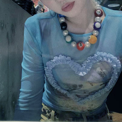 Gauze Heart Sweet Blue Tie Dye T-shirt Y2k Mesh Butterfly Tops Full Sleeve Tees Crew Neck Elastic Clas